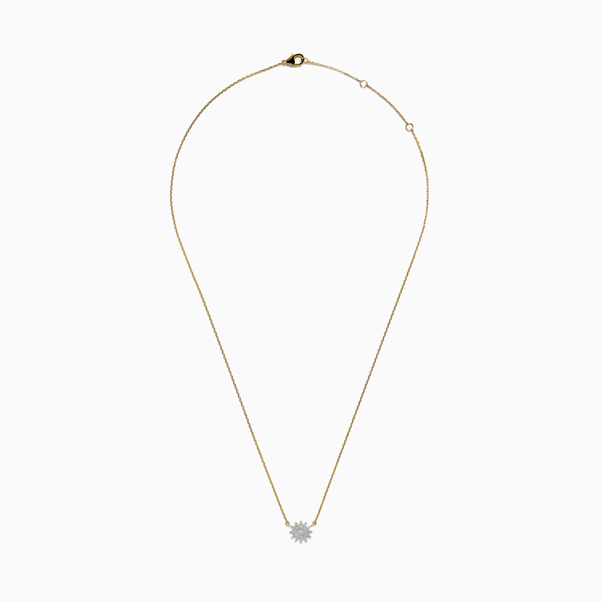 The D'Oro 14K Yellow Gold Diamond Sunburst Collarbone Necklace showcases a sun-shaped pendant adorned with sparkling white diamonds, elegantly displayed on a plain white background.