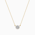 The D'Oro 14K Yellow Gold Diamond Sunburst Collarbone Necklace showcases a sun-shaped pendant adorned with sparkling white diamonds, elegantly displayed on a plain white background.