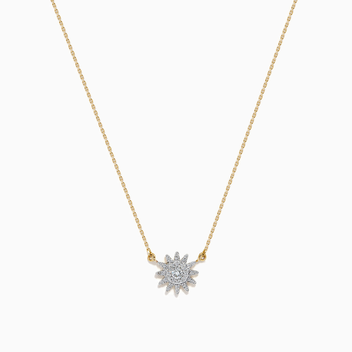 The D'Oro 14K Yellow Gold Diamond Sunburst Collarbone Necklace showcases a sun-shaped pendant adorned with sparkling white diamonds, elegantly displayed on a plain white background.