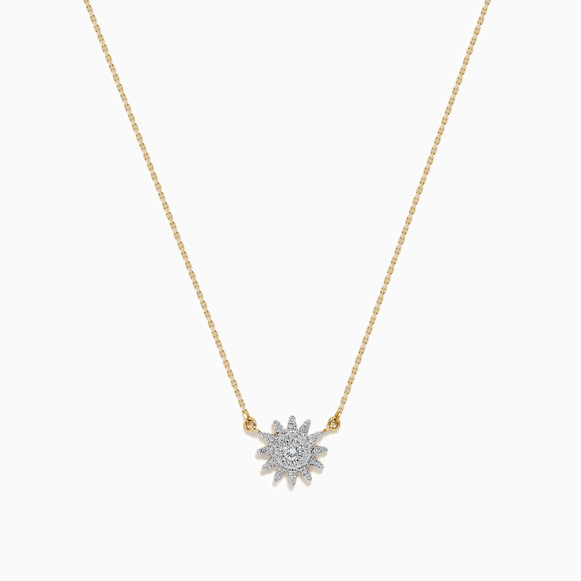 The D'Oro 14K Yellow Gold Diamond Sunburst Collarbone Necklace showcases a sun-shaped pendant adorned with sparkling white diamonds, elegantly displayed on a plain white background.