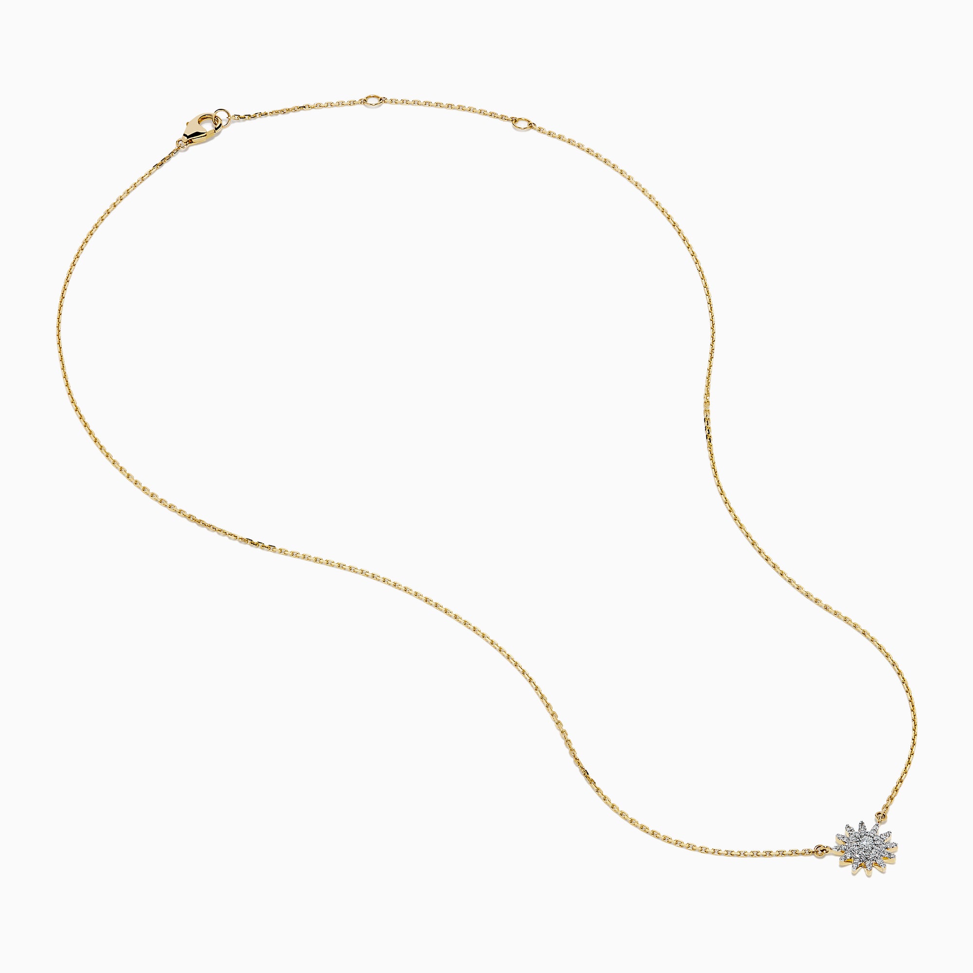 The D'Oro 14K Yellow Gold Diamond Sunburst Collarbone Necklace showcases a sun-shaped pendant adorned with sparkling white diamonds, elegantly displayed on a plain white background.