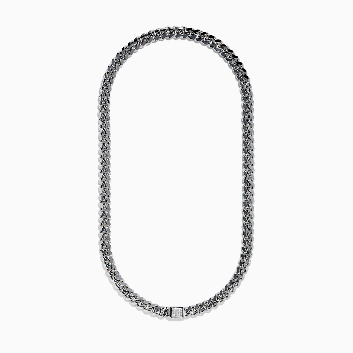 The Mens 925 Sterling Silver Diamond Cuban Link Chain features a box clasp with pave-set stones, shown on a plain white background—an essential piece for any men’s jewelry collection.