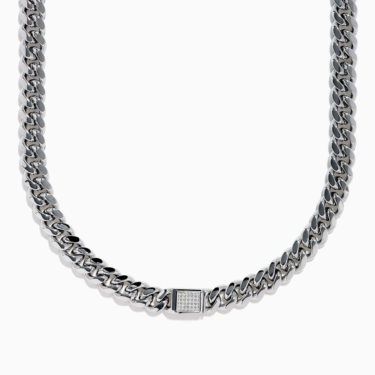 The Mens 925 Sterling Silver Diamond Cuban Link Chain features a box clasp with pave-set stones, shown on a plain white background—an essential piece for any men’s jewelry collection.