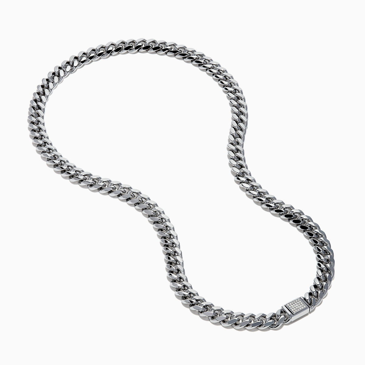 The Mens 925 Sterling Silver Diamond Cuban Link Chain features a box clasp with pave-set stones, shown on a plain white background—an essential piece for any men’s jewelry collection.