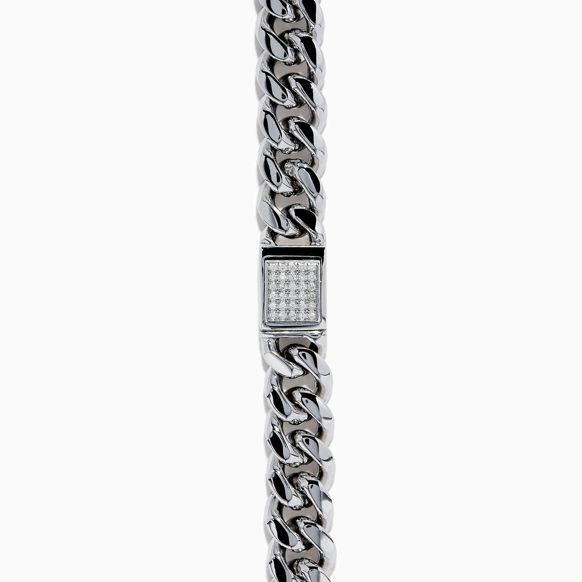 The Mens 925 Sterling Silver Diamond Cuban Link Chain features a box clasp with pave-set stones, shown on a plain white background—an essential piece for any men’s jewelry collection.