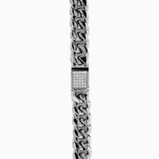 The Mens 925 Sterling Silver Diamond Cuban Link Chain features a box clasp with pave-set stones, shown on a plain white background—an essential piece for any men’s jewelry collection.