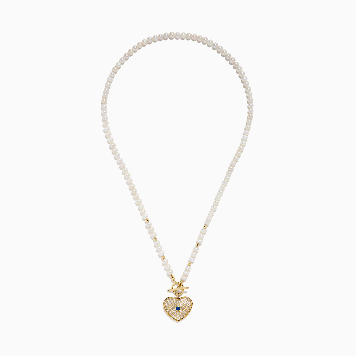 The 14K Yellow Gold Fresh Water Pearl Sapphire and Diamond Necklace features beaded pearls, a toggle clasp, and a heart-shaped gold pendant with an eye design set with diamonds and a central sapphire.