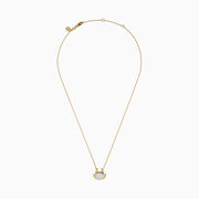 The Seaside 14K Yellow Gold Mother Of Pearl and Diamond Crab Necklace features a white oval mother of pearl center, shimmering diamond accents, and a charming crab pendant on a delicate yellow gold chain.