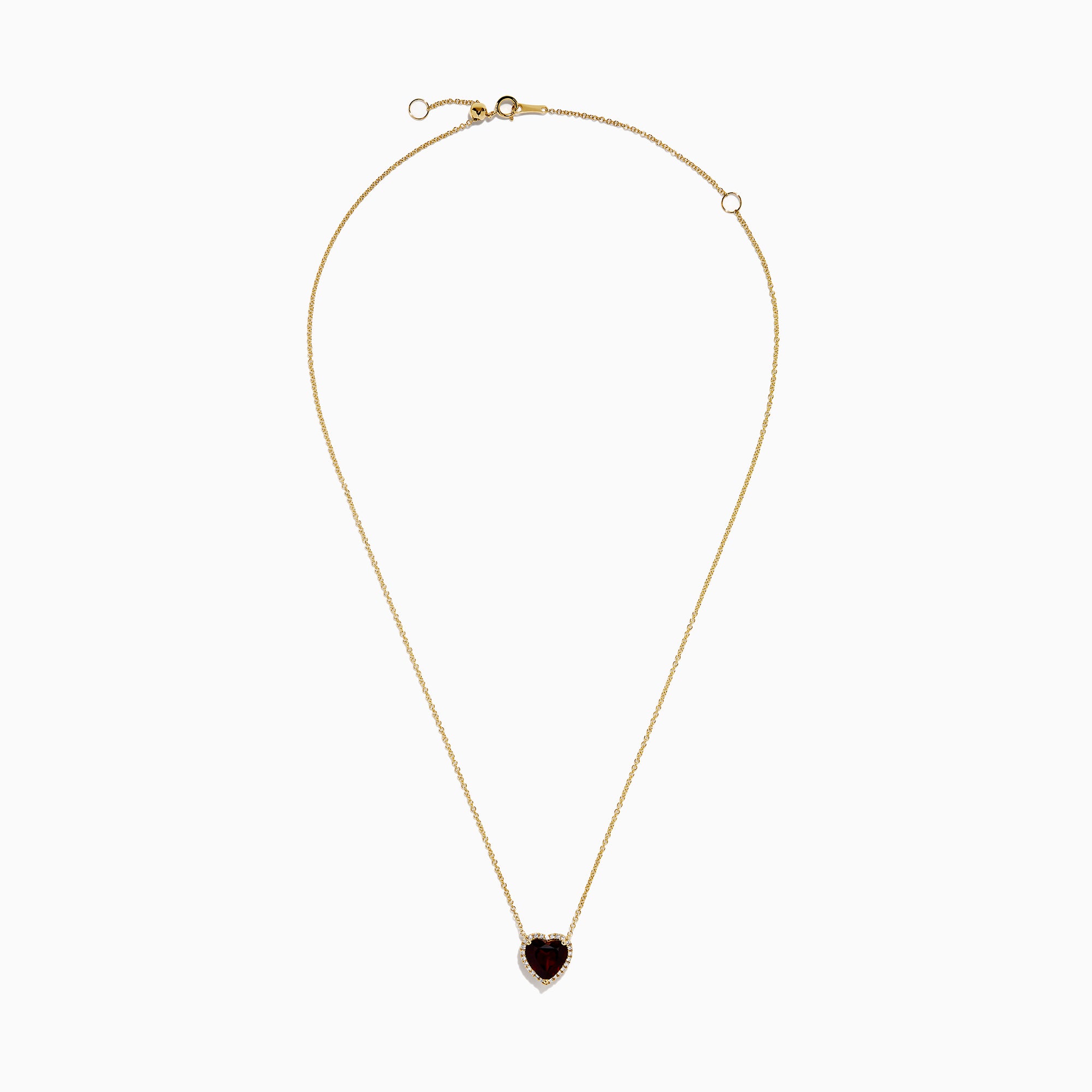 The 14K Yellow Gold Garnet and Diamond Halo Heart Pendant Necklace features a deep red garnet heart framed by a sparkling diamond halo on a yellow gold chain.