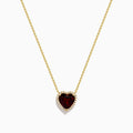 The 14K Yellow Gold Garnet and Diamond Halo Heart Pendant Necklace features a deep red garnet heart framed by a sparkling diamond halo on a yellow gold chain.