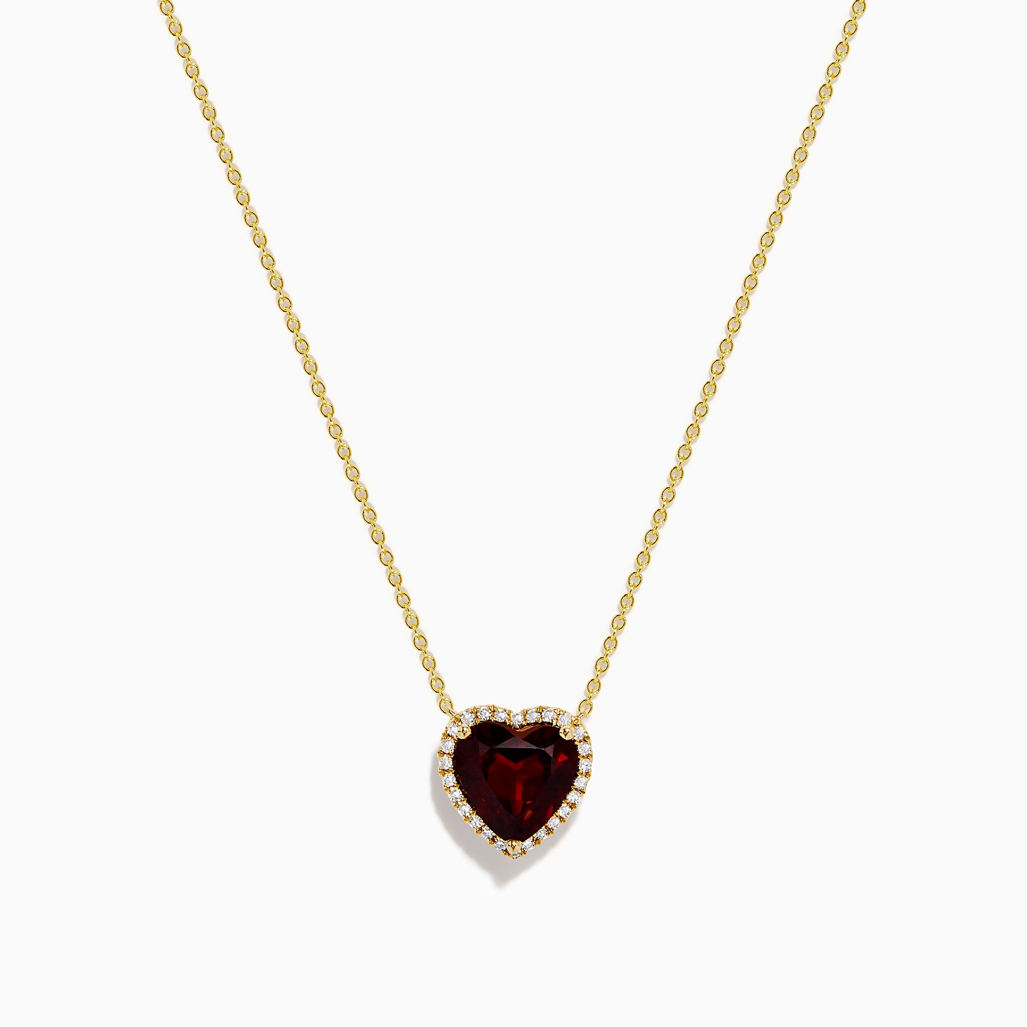 The 14K Yellow Gold Garnet and Diamond Halo Heart Pendant Necklace features a deep red garnet heart framed by a sparkling diamond halo on a yellow gold chain.