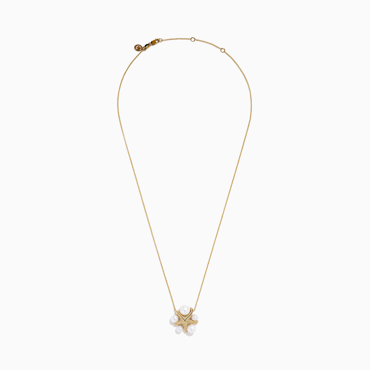 The 14K Yellow Gold Freshwater Pearl and Diamond Starfish Necklace features sparkling diamonds, five large freshwater pearls, and a delicate chain, creating an elegant statement piece.