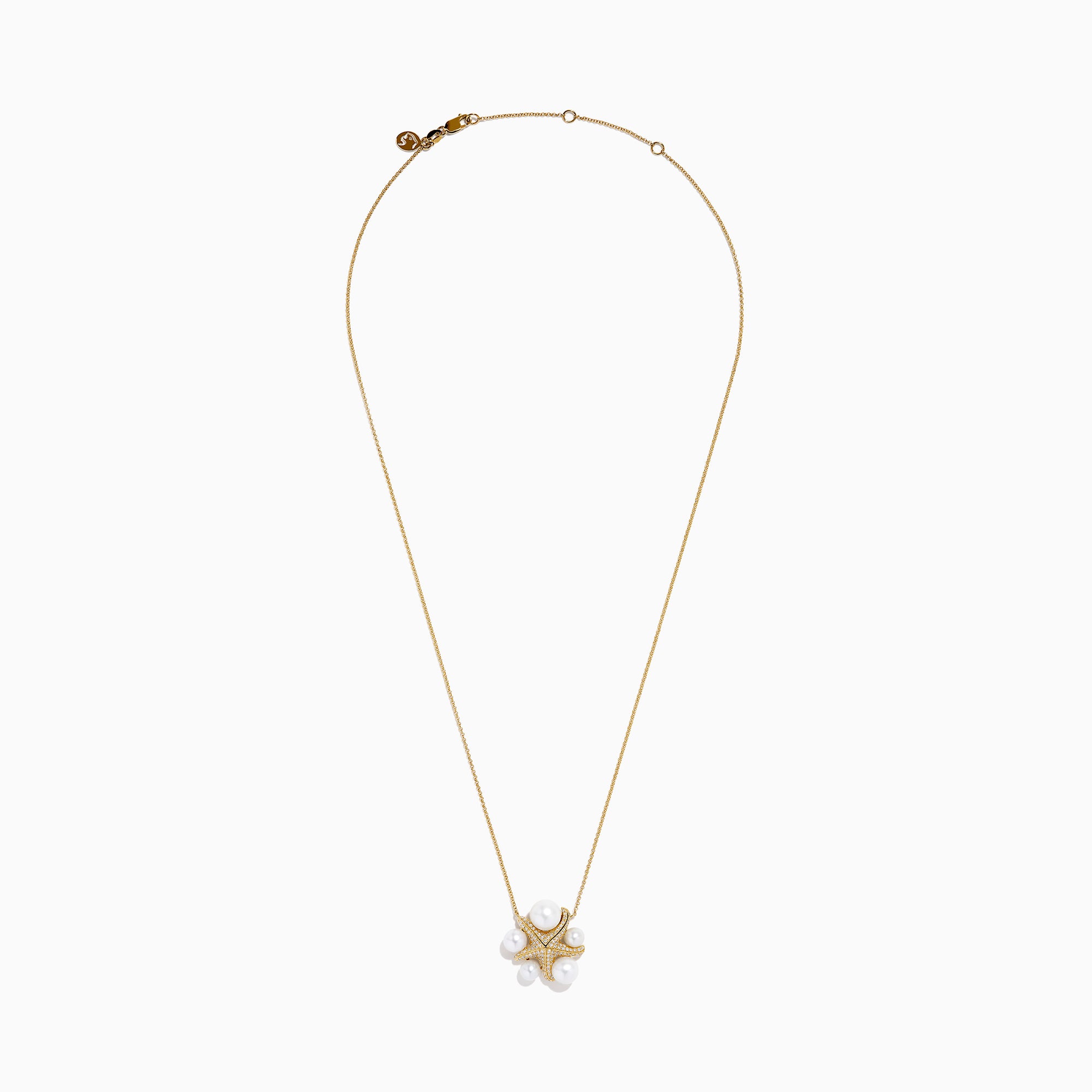The 14K Yellow Gold Freshwater Pearl and Diamond Starfish Necklace features sparkling diamonds, five large freshwater pearls, and a delicate chain, creating an elegant statement piece.