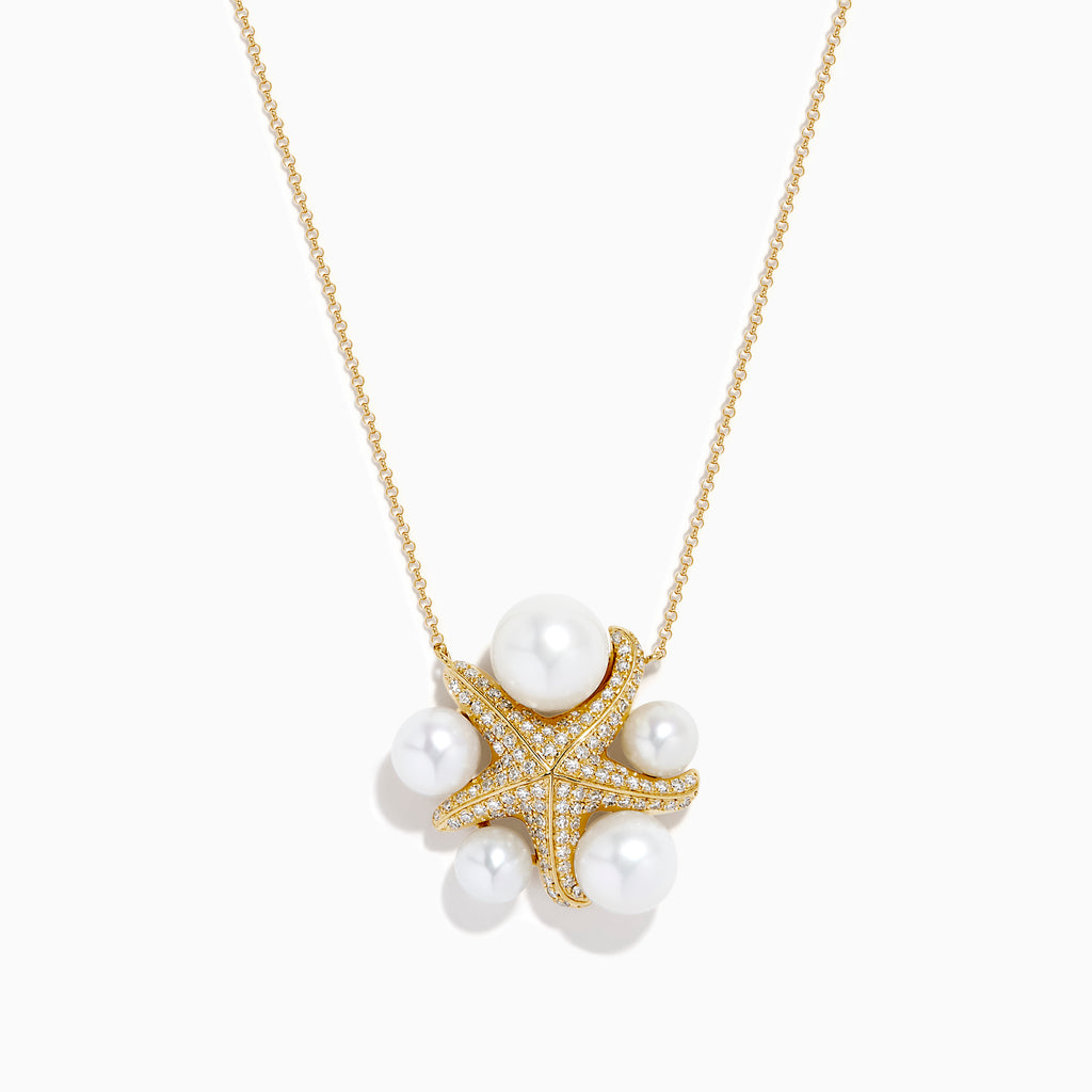 The 14K Yellow Gold Freshwater Pearl and Diamond Starfish Necklace features sparkling diamonds, five large freshwater pearls, and a delicate chain, creating an elegant statement piece.