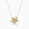 The 14K Yellow Gold Freshwater Pearl and Diamond Starfish Necklace features sparkling diamonds, five large freshwater pearls, and a delicate chain, creating an elegant statement piece.