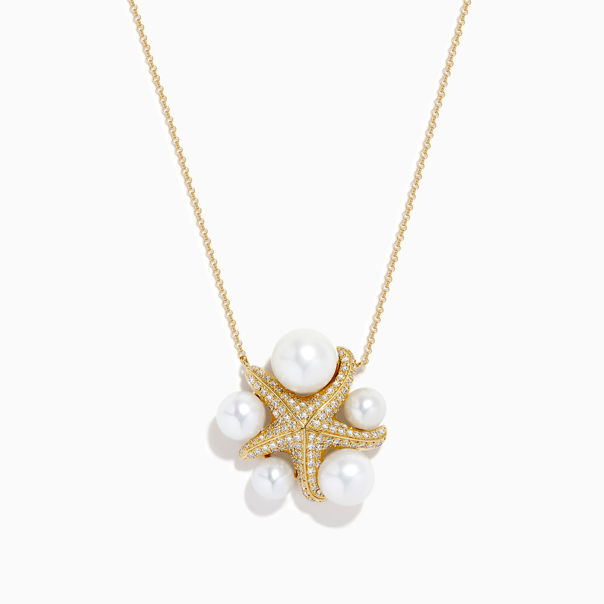 The 14K Yellow Gold Freshwater Pearl and Diamond Starfish Necklace features sparkling diamonds, five large freshwater pearls, and a delicate chain, creating an elegant statement piece.