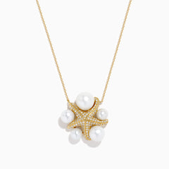 The 14K Yellow Gold Freshwater Pearl and Diamond Starfish Necklace features sparkling diamonds, five large freshwater pearls, and a delicate chain, creating an elegant statement piece.