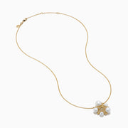 The 14K Yellow Gold Freshwater Pearl and Diamond Starfish Necklace features sparkling diamonds, five large freshwater pearls, and a delicate chain, creating an elegant statement piece.