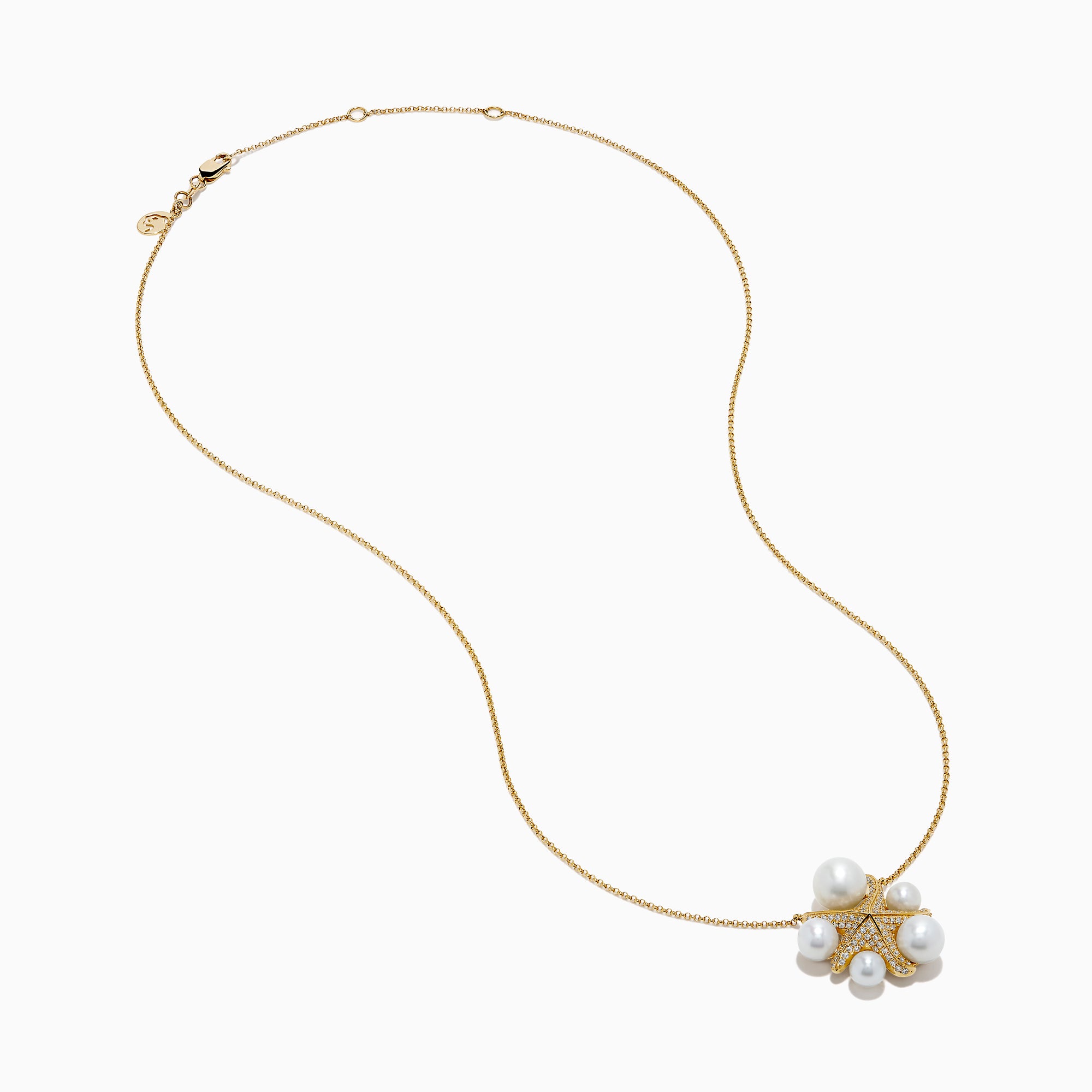 The 14K Yellow Gold Freshwater Pearl and Diamond Starfish Necklace features sparkling diamonds, five large freshwater pearls, and a delicate chain, creating an elegant statement piece.