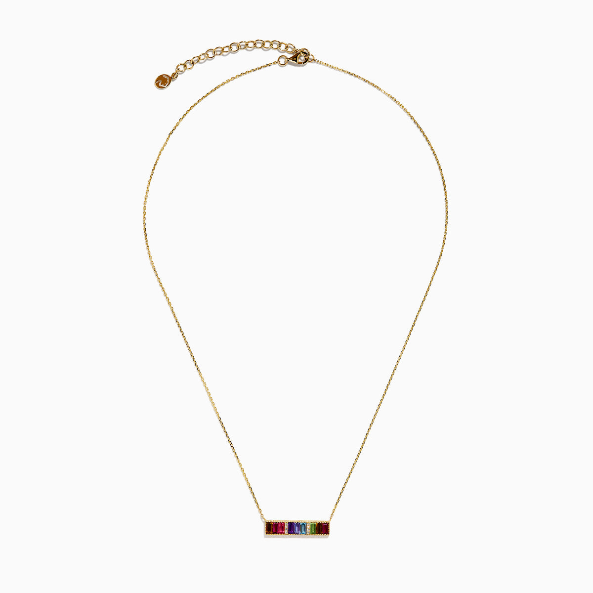 The Mosaic 14K Yellow Gold Multi Color Gemstone and Diamond Collar Bone Bar Necklace features a horizontal bar pendant set with five baguette-cut rainbow gemstones: red, purple, blue, green, and yellow.
