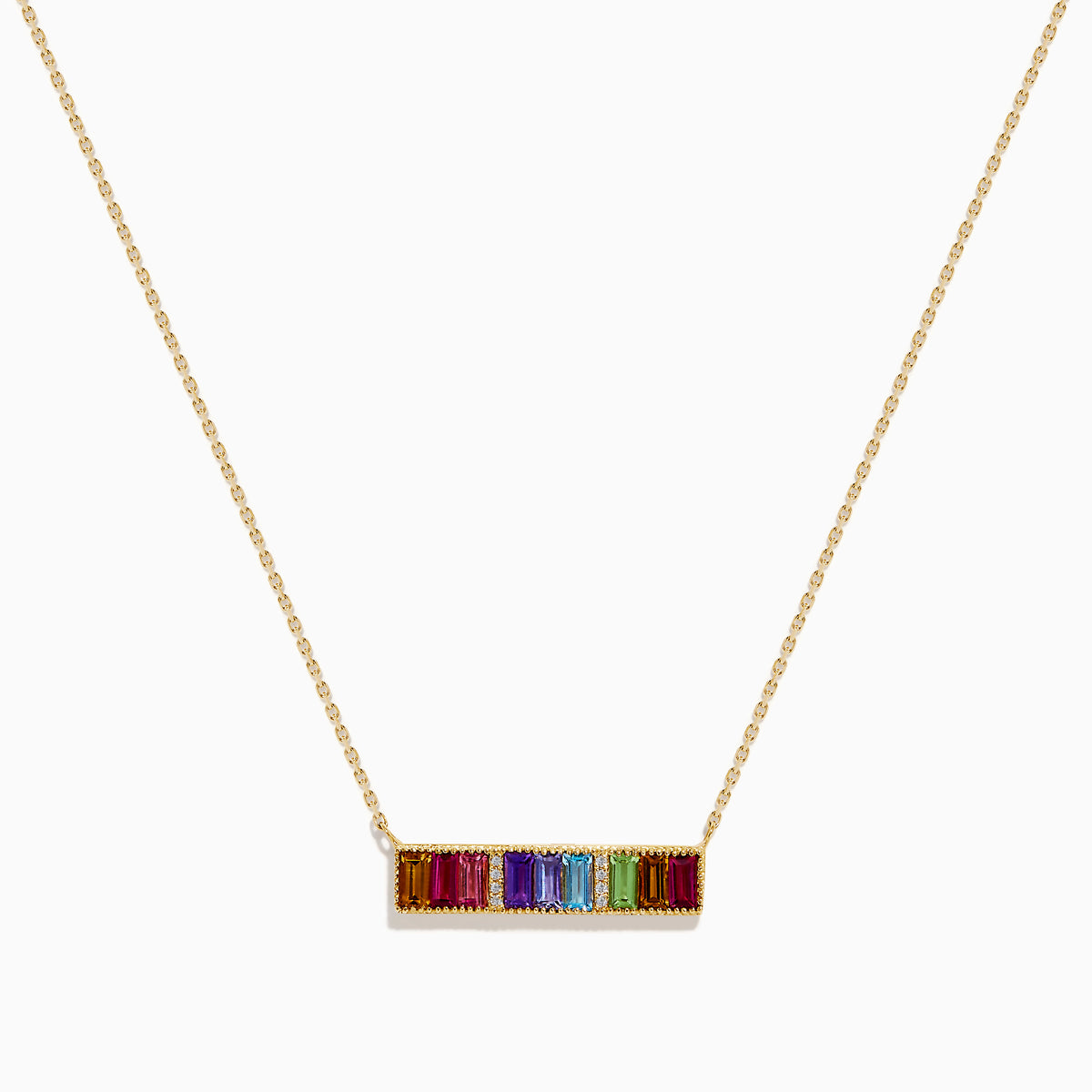The Mosaic 14K Yellow Gold Multi Color Gemstone and Diamond Collar Bone Bar Necklace features a horizontal bar pendant set with five baguette-cut rainbow gemstones: red, purple, blue, green, and yellow.