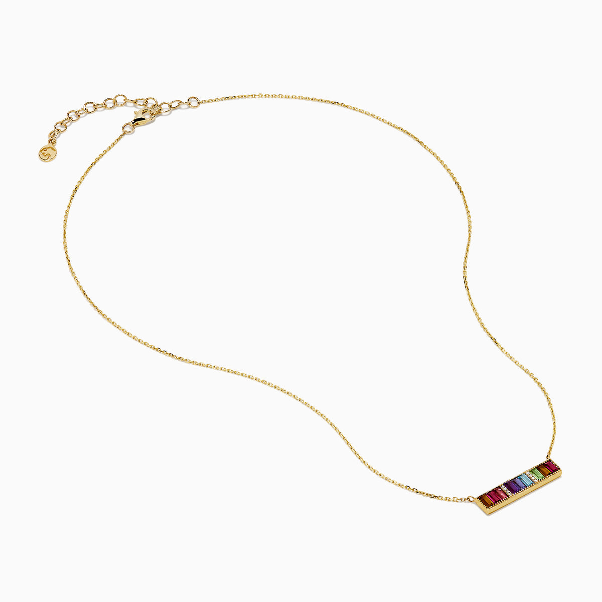 The Mosaic 14K Yellow Gold Multi Color Gemstone and Diamond Collar Bone Bar Necklace features a horizontal bar pendant set with five baguette-cut rainbow gemstones: red, purple, blue, green, and yellow.