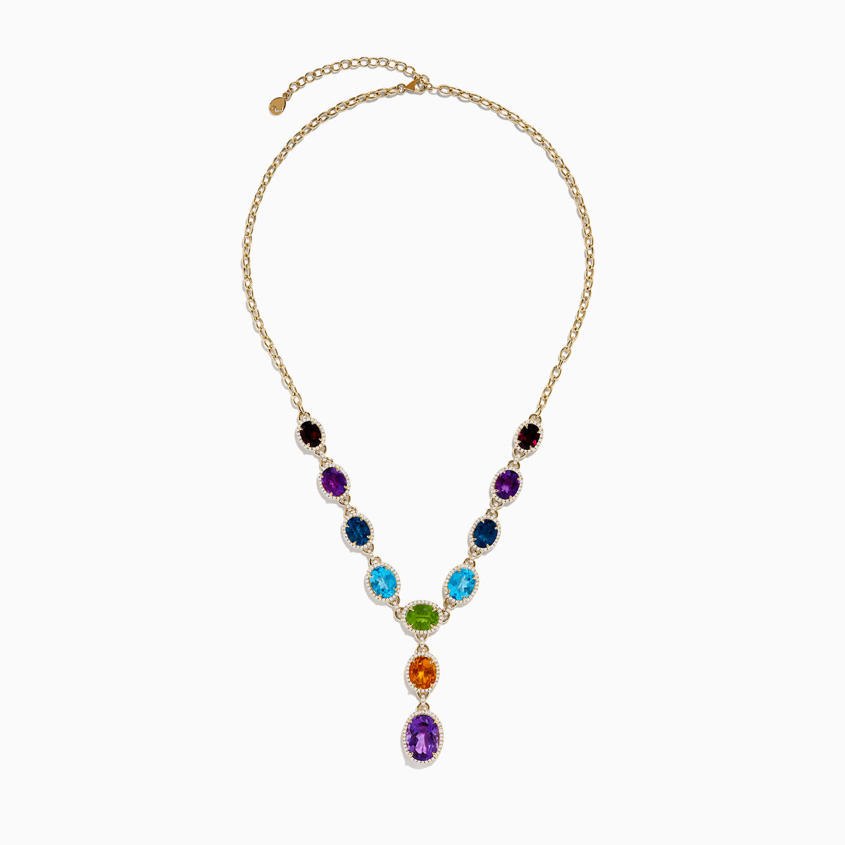 The Mosaic 14K Yellow Gold Diamond and Multi Color Gemstone Statement Necklace showcases four large oval gemstones—blue, green, orange, and purple—each encircled by diamonds in a vertical design on a white background.