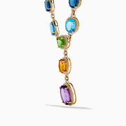 The Mosaic 14K Yellow Gold Diamond and Multi Color Gemstone Statement Necklace showcases four large oval gemstones—blue, green, orange, and purple—each encircled by diamonds in a vertical design on a white background.