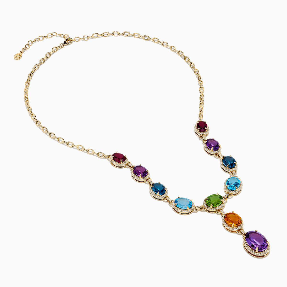 The Mosaic 14K Yellow Gold Diamond and Multi Color Gemstone Statement Necklace showcases four large oval gemstones—blue, green, orange, and purple—each encircled by diamonds in a vertical design on a white background.