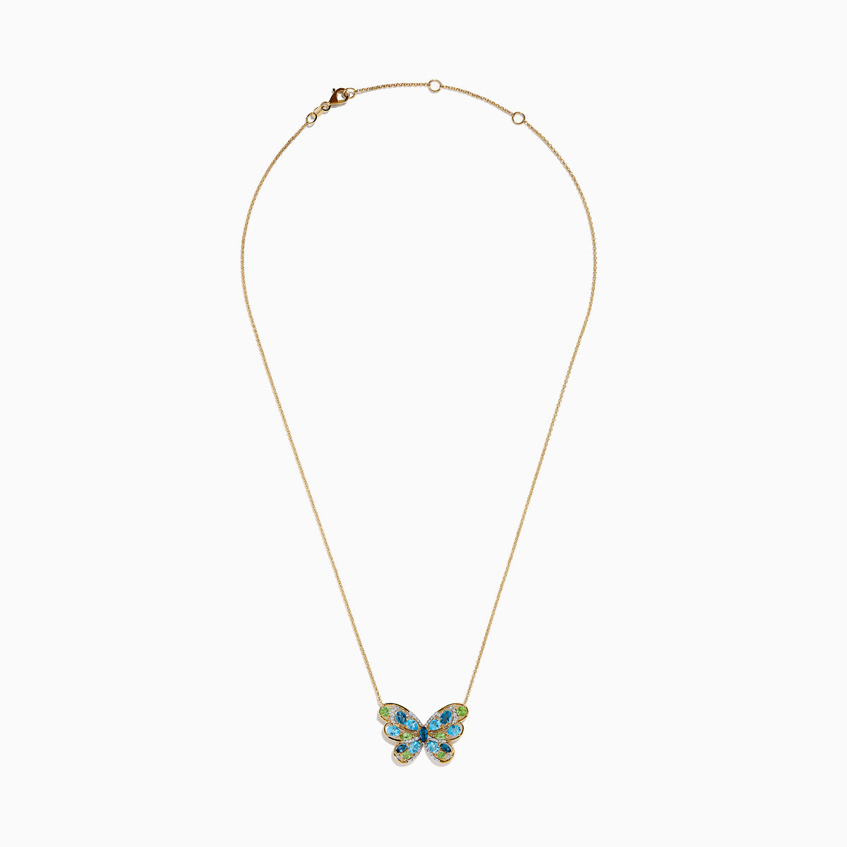 14K Yellow Gold Blue Topaz, Peridot and Diamond Butterfly Necklace