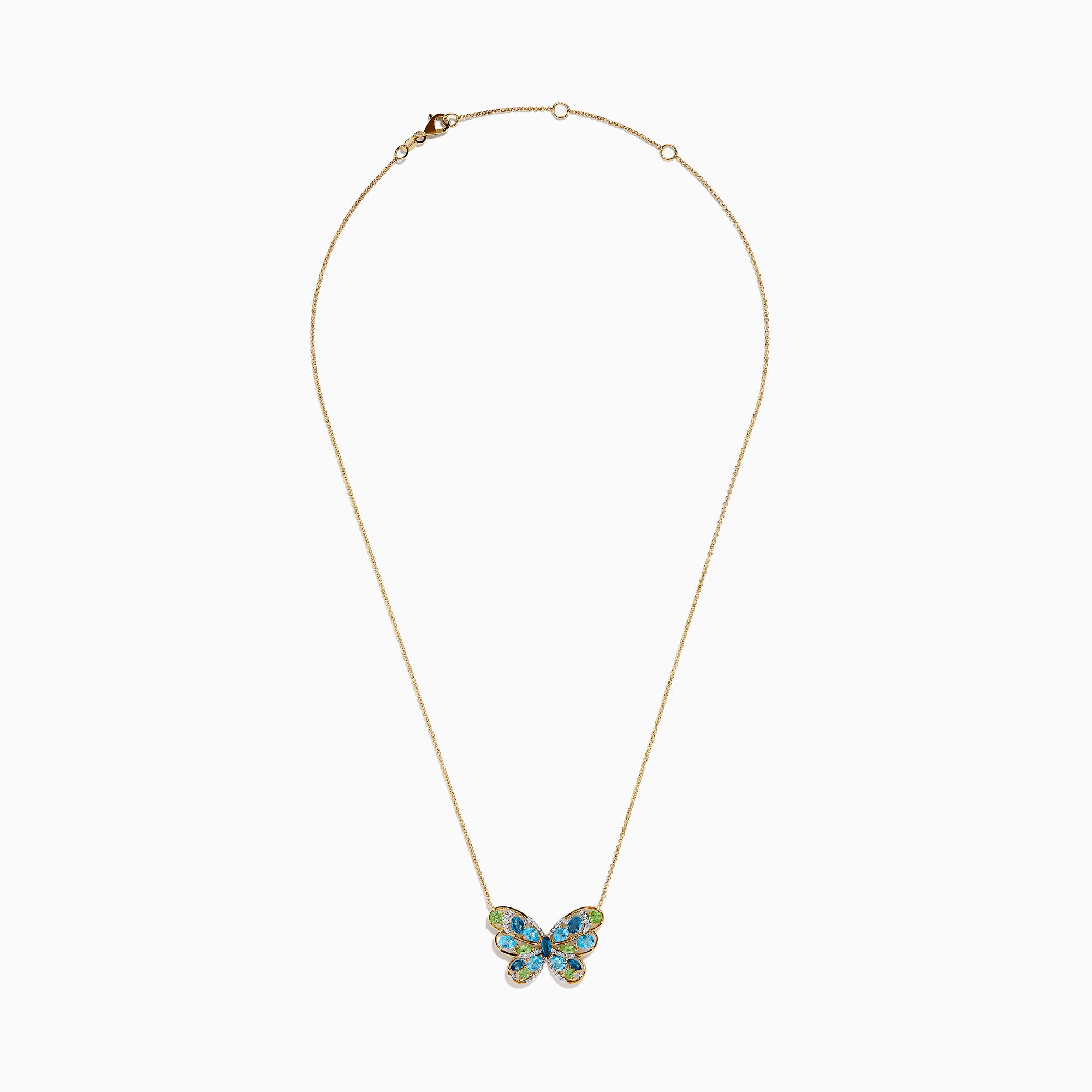 14K Yellow Gold Blue Topaz, Peridot and Diamond Butterfly Necklace