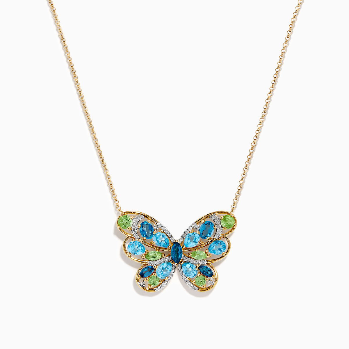 14K Yellow Gold Blue Topaz, Peridot and Diamond Butterfly Necklace