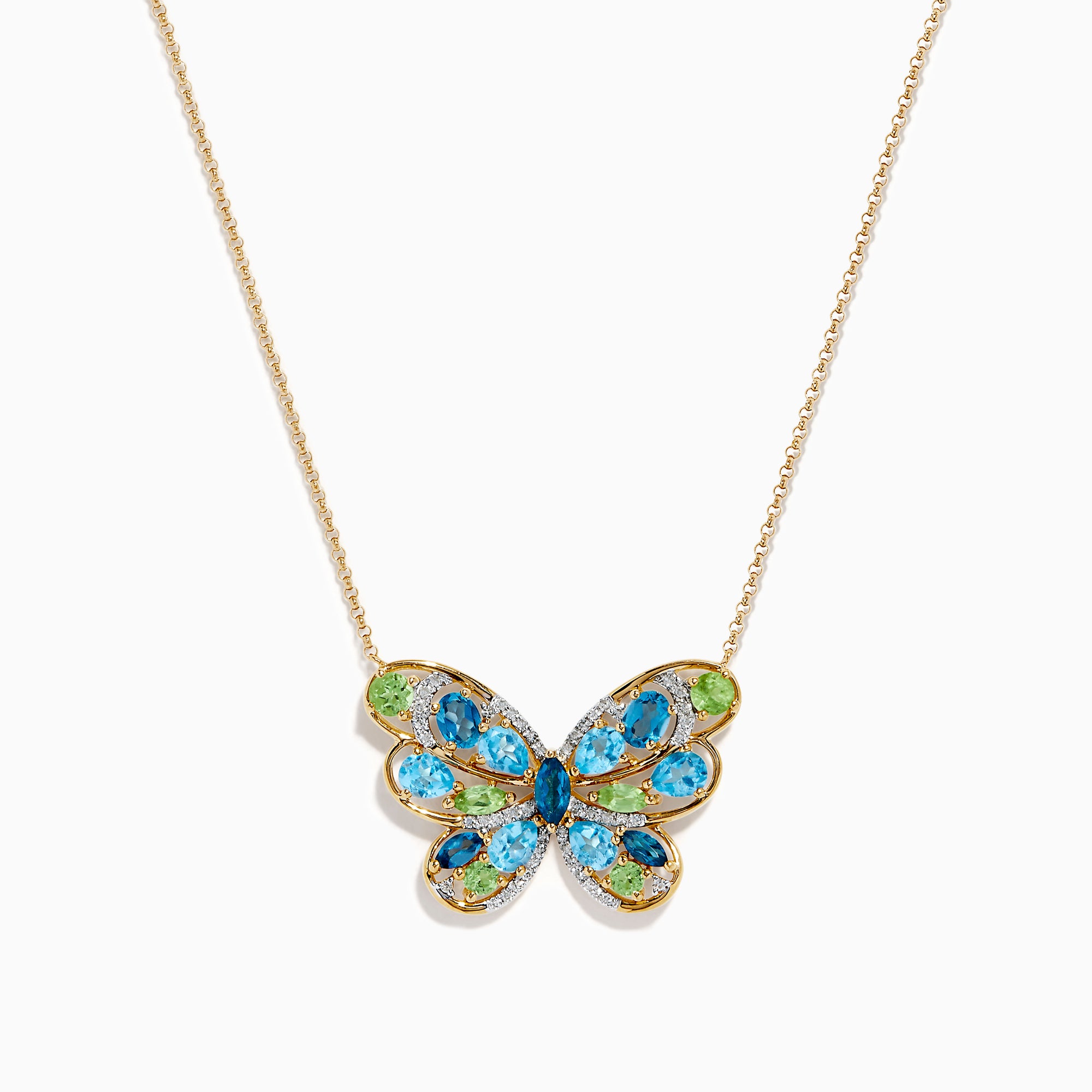 14K Yellow Gold Blue Topaz, Peridot and Diamond Butterfly Necklace