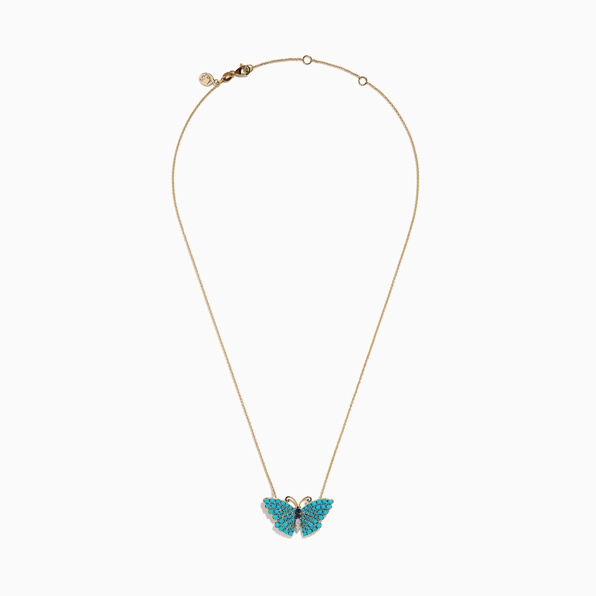 14K Yellow Gold Turquoise, Blue Sapphire and Diamond Butterfly Necklace