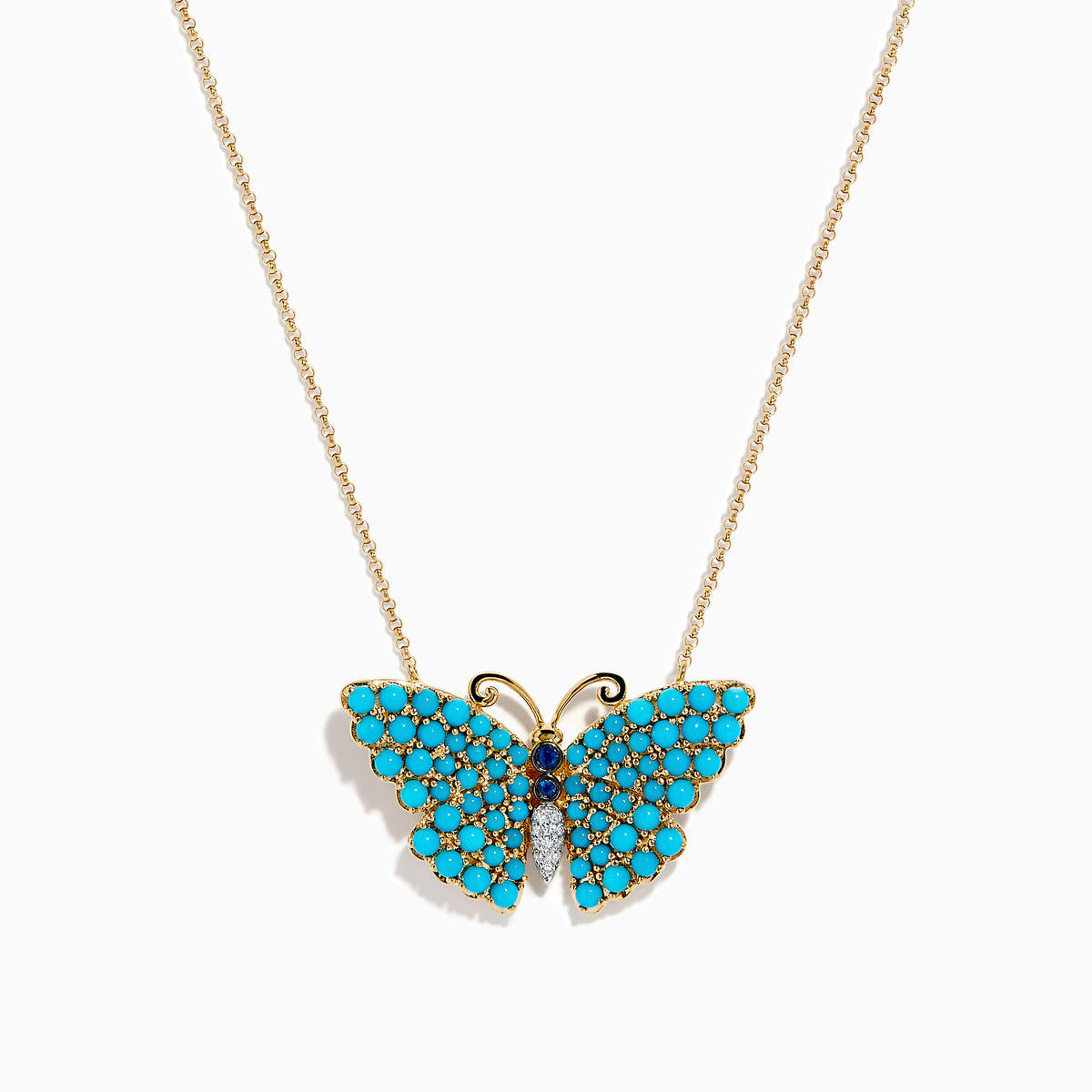 14K Yellow Gold Turquoise, Blue Sapphire and Diamond Butterfly Necklace
