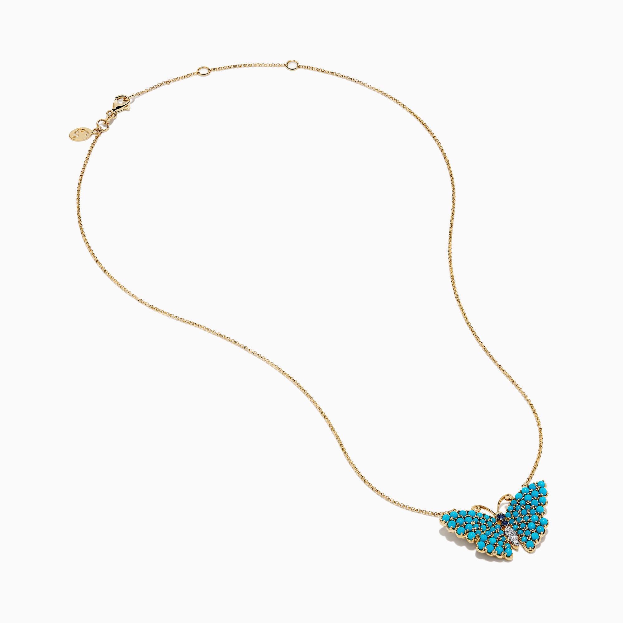 14K Yellow Gold Turquoise, Blue Sapphire and Diamond Butterfly Necklace