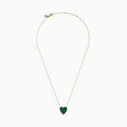 The 14K Gold Malachite and Diamond Reversible Heart Necklace showcases a large, heart-shaped malachite pendant with a smooth finish and delicate gold border.