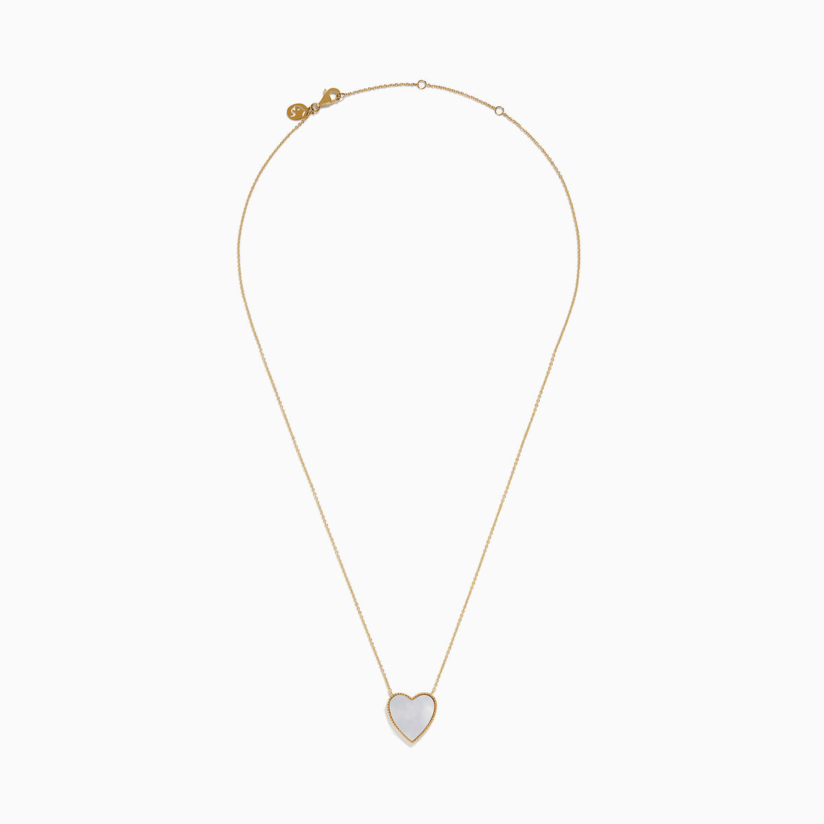 14K Gold Mother of Pearl and Diamond Reversible Heart Necklace featuring a large heart-shaped pendant with gold detailing, shown on a plain white background.
