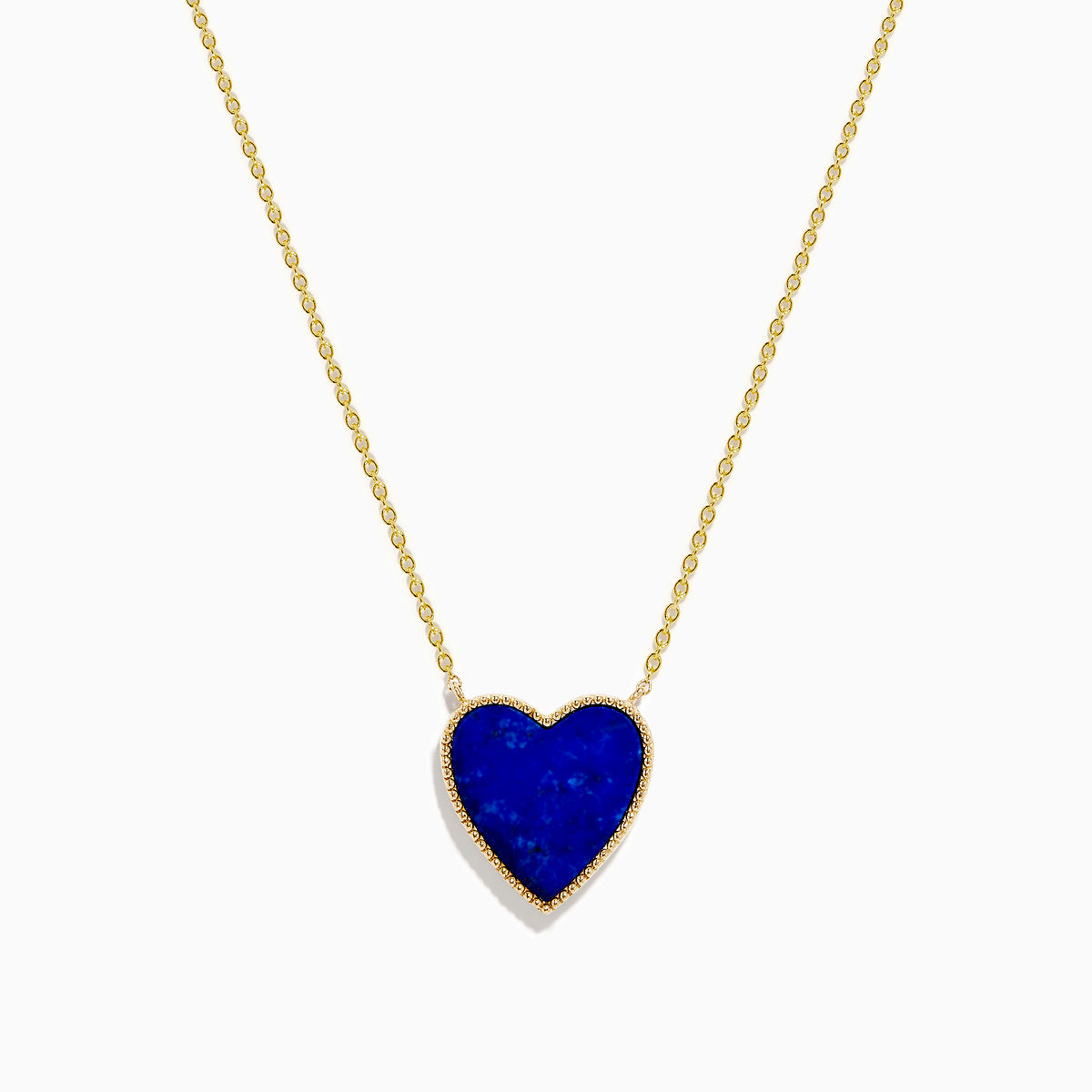 The 14K Gold Lapis Lazuli and Diamond Reversible Heart Necklace features a blue lapis lazuli heart pendant with a gold border, displayed against a white background.