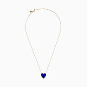 The 14K Gold Lapis Lazuli and Diamond Reversible Heart Necklace features a blue lapis lazuli heart pendant with a gold border, displayed against a white background.