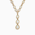 The Aurora 14K Yellow Gold Opal and Diamond Y Necklace showcases three pear-shaped opals in a vertical drop pendant, with small diamonds accenting some of the links between the opals.