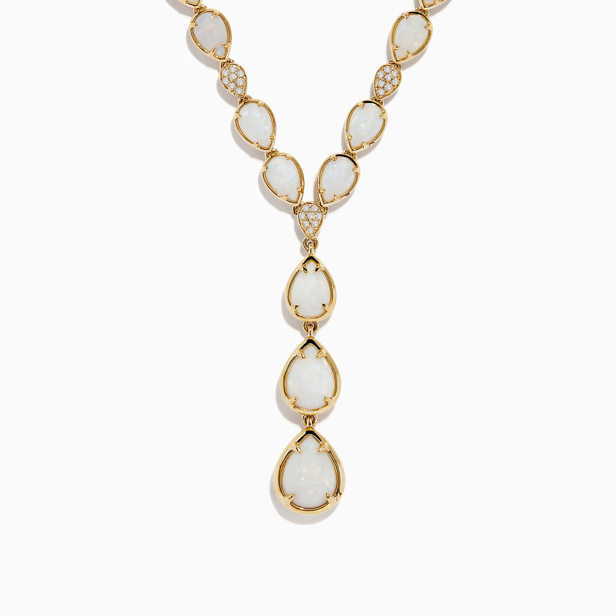 The Aurora 14K Yellow Gold Opal and Diamond Y Necklace showcases three pear-shaped opals in a vertical drop pendant, with small diamonds accenting some of the links between the opals.
