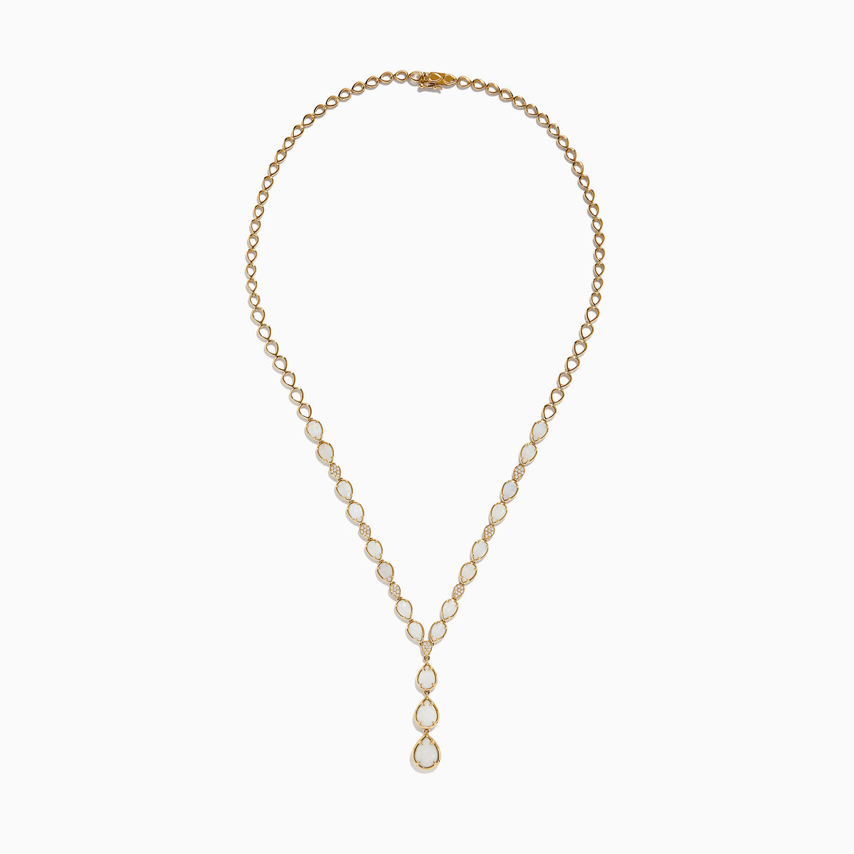 The Aurora 14K Yellow Gold Opal and Diamond Y Necklace showcases three pear-shaped opals in a vertical drop pendant, with small diamonds accenting some of the links between the opals.
