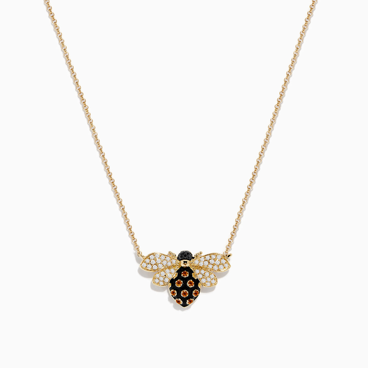 The Safari 14K Yellow Gold Diamond and Citrrine Bee Necklace features a bee-shaped pendant with citrine gemstones and white crystals on the wings, displayed on a plain white background—a charming piece for any jewelry lover.