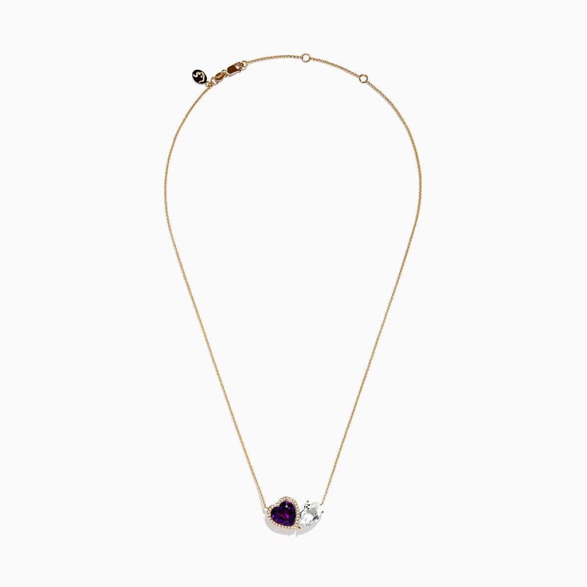 The 14K Yellow Gold Amethyst, White Topaz, and Diamond Necklace features two heart pendants: an amethyst surrounded by diamonds and a white topaz, both elegantly hanging side by side.