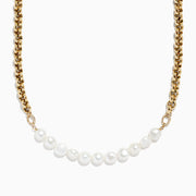 The 14K Yellow Gold Cultured Fresh Water Pearl & Gold Chain Necklace features a row of pearls along a gold chain, shown on a white background.