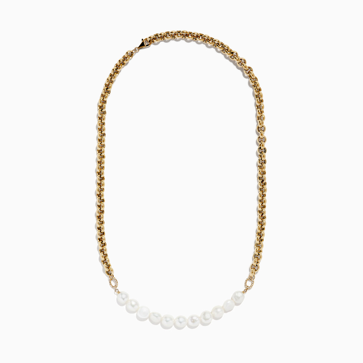 The 14K Yellow Gold Cultured Fresh Water Pearl & Gold Chain Necklace features a row of pearls along a gold chain, shown on a white background.