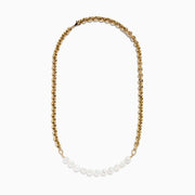 The 14K Yellow Gold Cultured Fresh Water Pearl & Gold Chain Necklace features a row of pearls along a gold chain, shown on a white background.