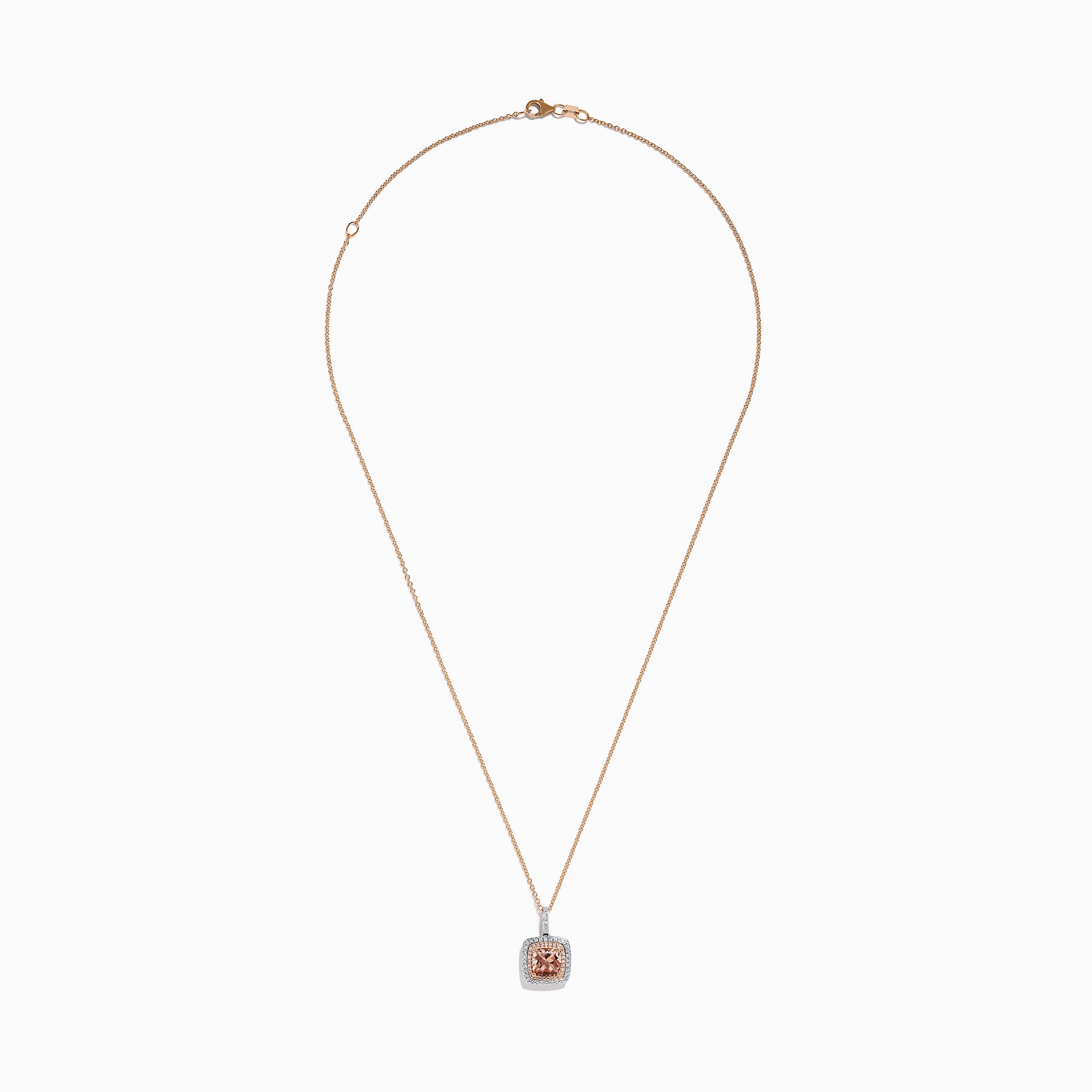 The 14K Two Tone Gold Morganite and Diamond Pendant features a cushion-cut peach morganite surrounded by sparkling diamonds, set in a blend of rose and white gold for an elegant, refined look.