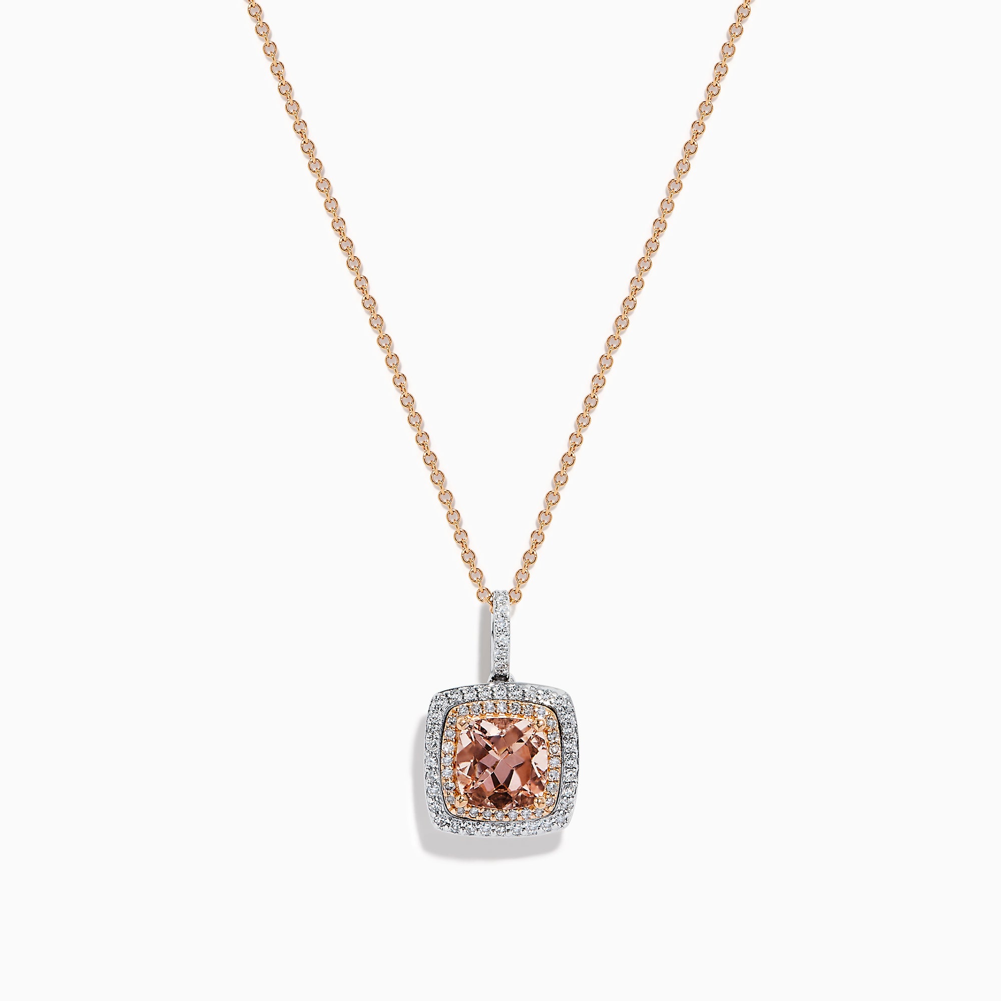 The 14K Two Tone Gold Morganite and Diamond Pendant features a cushion-cut peach morganite surrounded by sparkling diamonds, set in a blend of rose and white gold for an elegant, refined look.